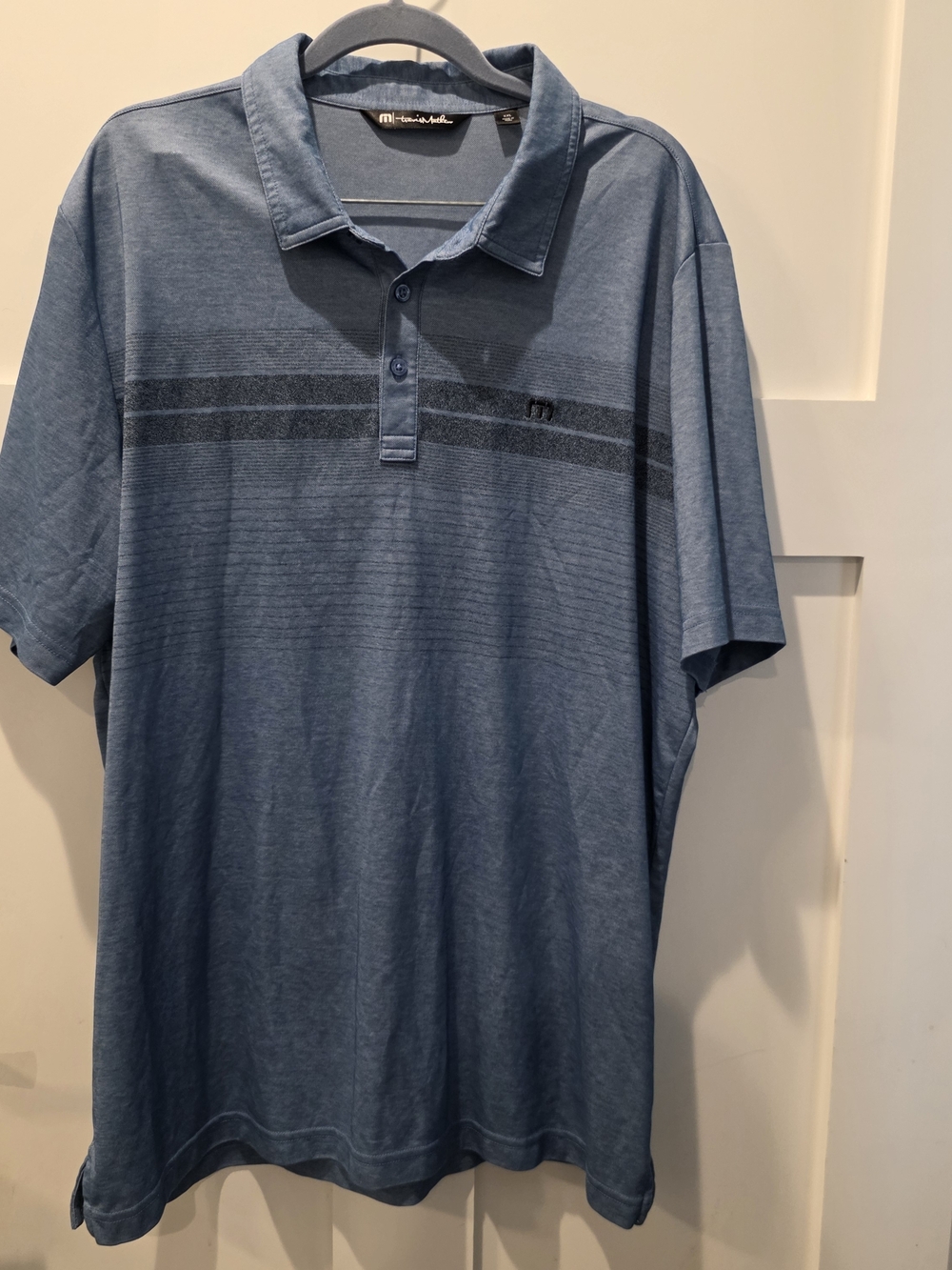 Travis Mathew Men's Polo XXL Heathered Blue Stripe Chest Pima Cotton Golf Polo